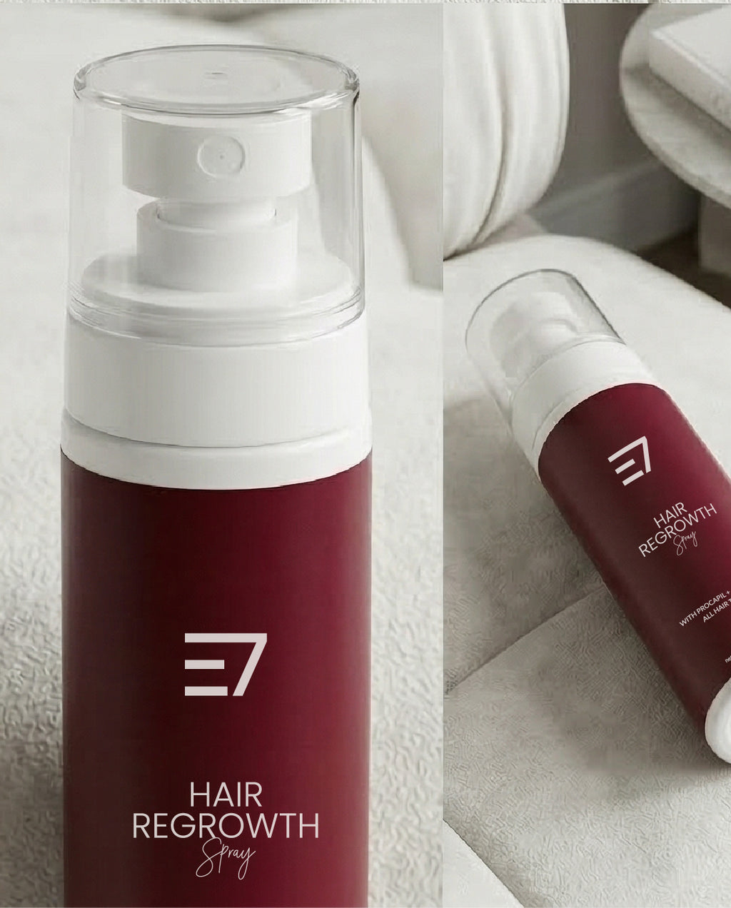 Applying hair spray to scalp for stronger hair
Halal hair care spray Elaris7 packaging