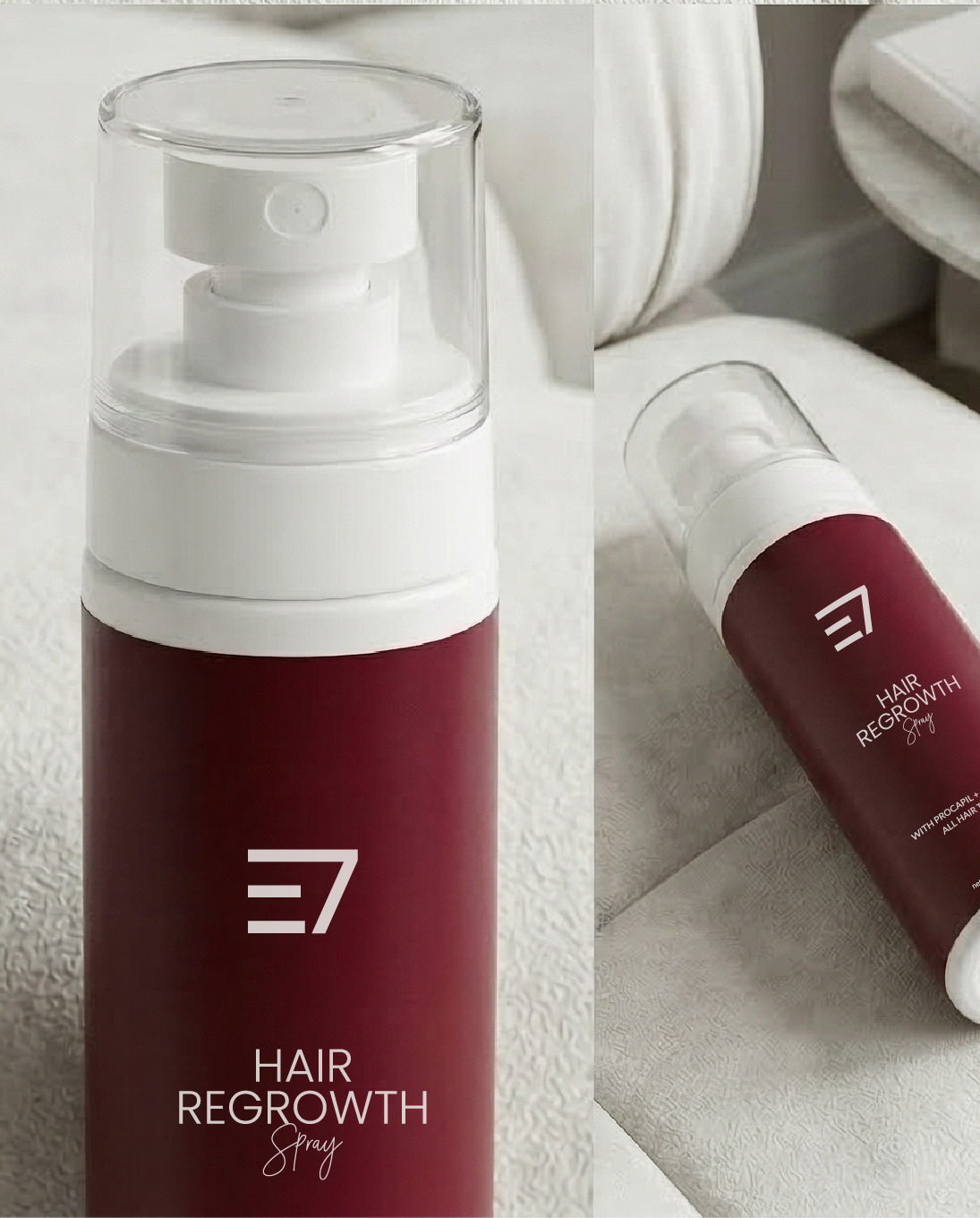 Applying hair spray to scalp for stronger hair
Halal hair care spray Elaris7 packaging