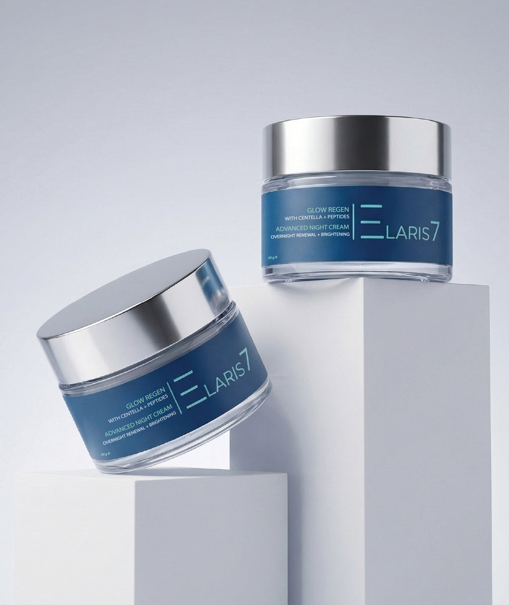 Elaris7 Centella Night Cream jar
Night Renewal cream for overnight repair
Halal Korean night cream Elaris7
Applying Centella Night Cream to face
Centella Night Cream texture close-up